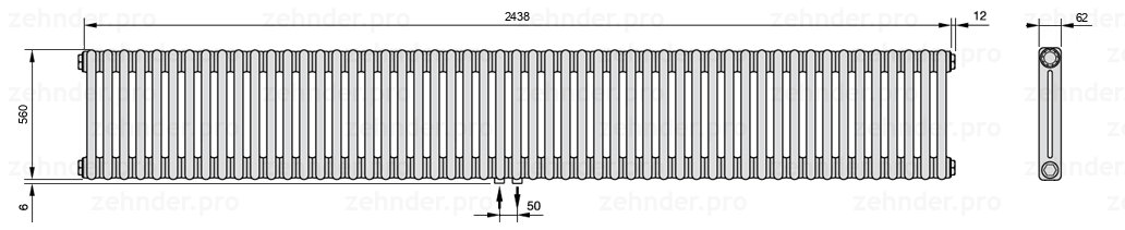 Схема (чертеж) Радиатор Zehnder Charleston 2056/53 №3470 Белый глянцевый RAL 9016